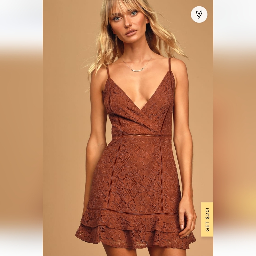 Lulu's Sweet Like Candy Light Brown Lace Ruffle Mini Dress Size Small